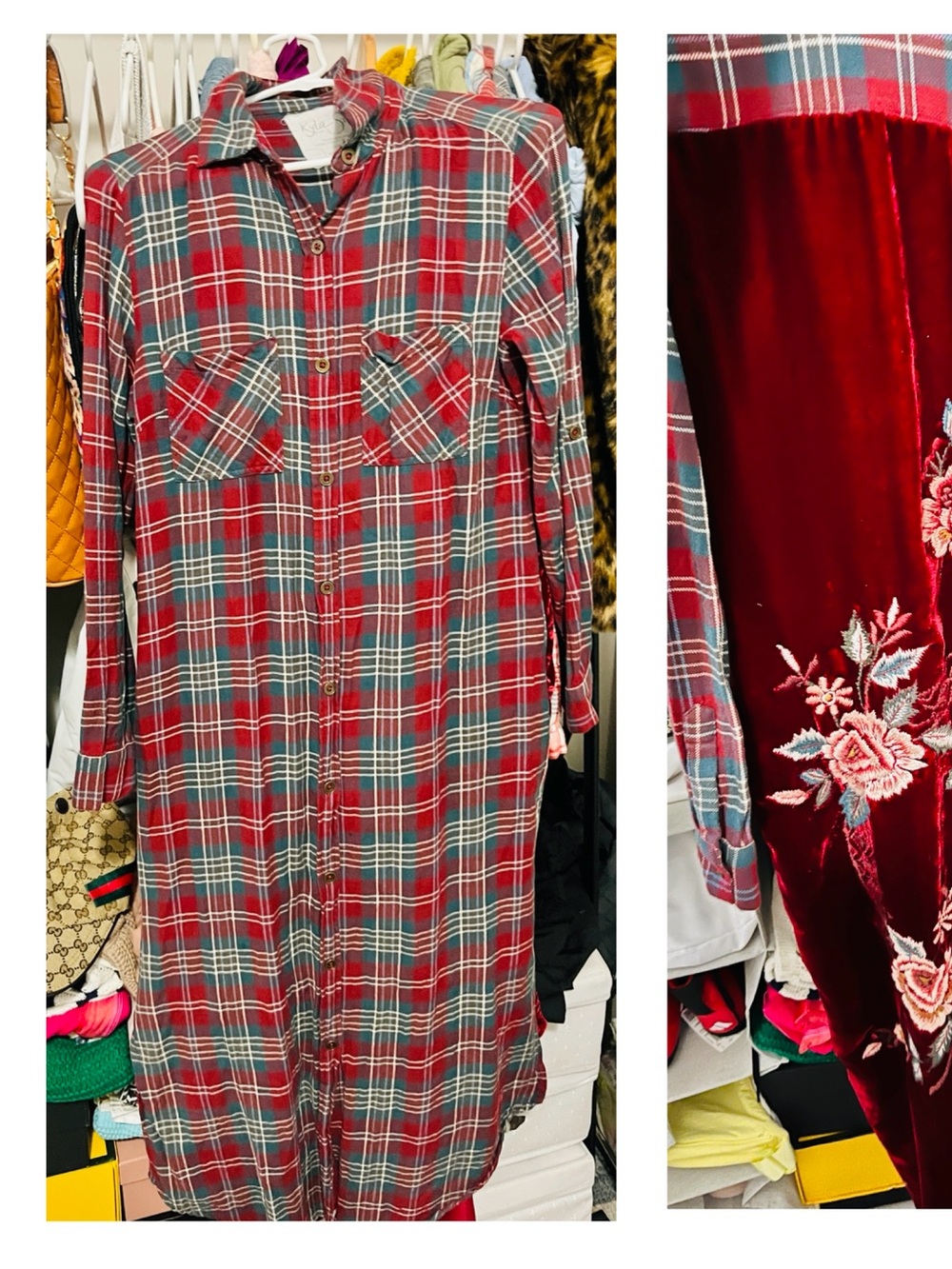 Red Plaid Midi Dress with Velvet Floral Back